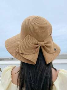 1pc Women Straw Hat With Bowknot & Wide Brim For Spring/Summer Beach Outings, Outdoor New Fashion Sun Protection Hat