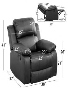 Leather Recliner Chair, 38" Overstuffed Armchair Living Room Home Theater Lounge Seat - màu đen - Xem 4