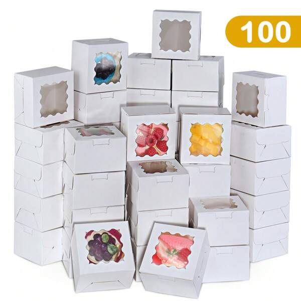 100/50 Piezas Cajas para Postres, Caja de Papel para Cupcakes, Caja de Empaque para Repostería,Cajas de Galletas,Cajas de Empaque para Panadería, Favores de Fiesta de Bodas, Caja de Dulces y Chocolates, Suministros