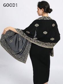 1buc eșarfă neagră brodată cu margine din dantelă elegantă, simplă și grațioasă, învelitoare cu guler șal, eșarfă versatilă potrivită pentru cadou de sărbători, batic de lux