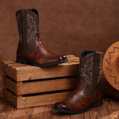 Brown Western Cowboy Boots For Men, Crocodile Pattern Square Toe With Side Zipper Mid-Calf Boots