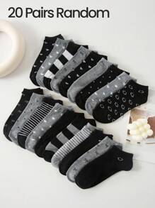 5/10/20/40 Pairs Women/Men/Kids 3-8 Years Old/Family Matching Short Socks, Black & Grey Series With Bow, Heart, Stripe, Polka Dot Patterns, Versatile & Comfortable, Suitable For Students, Adults, Gifts, Daily Wear (Multiple Combinations Available), Randomly Shipped