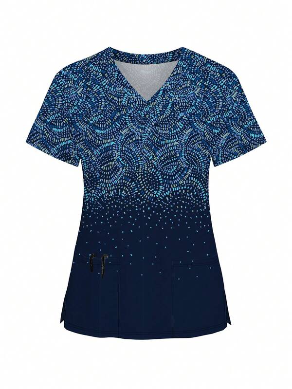 Printed V-Neck Short Sleeve Casual Scrub Uniform Top