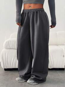 Plus Size Women's Casual Loose Solid Color Elastic Waistband Pocket Sweatpants - Dark Grey - View 3