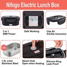 80W Black Electric Lunch Box Food Heater, Food Warmer For Car Truck Office, 1.5L Stainless Steel Self-Heated Lunchbox For Adult, Portable Heating Box With Adapters Fork Spoon Insulated Bag - Xem 5
