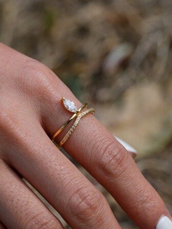 1 pieza Anillo de ojos de caballo con doble capa de circonita de estilo minimalista europeo en plata de ley 925, adecuado para mujeres, citas, banquetes, fiestas, uso diario, aniversarios, San Valentín, regalo de Año Nuevo