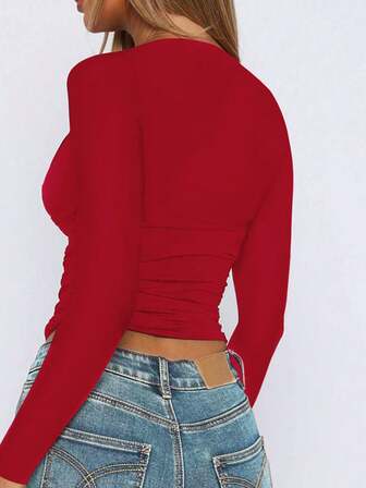 Trendig sexig V-ringad, åtsittande långärmad undertröja, ny Y2K-stil för vår/sommar