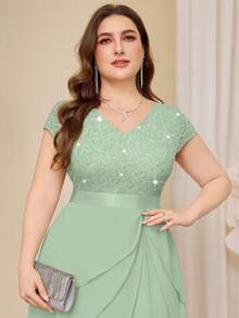 Plus Sequin Lace V Neck Ruffle Trim Chiffon Hem Semi Formal Party Swing Dress - Mint Green - View 8