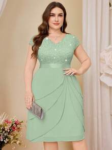 Plus Sequin Lace V Neck Ruffle Trim Chiffon Hem Semi Formal Party Swing Dress - Mint Green - View 4