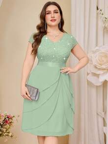 Plus Sequin Lace V Neck Ruffle Trim Chiffon Hem Semi Formal Party Swing Dress - Mint Green - View 5