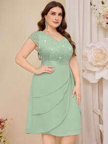 Plus Sequin Lace V Neck Ruffle Trim Chiffon Hem Semi Formal Party Swing Dress - Mint Green - View 7