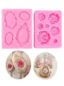 SikeSike 1pc/2pcs DIY Cake Baking Mold, 3D Rose Flower Frame, Lace Mirror Silicone Mold, Handmade Chocolate Fondant Cake Decor, Ice Cream Decor Mold - Pink - View 1