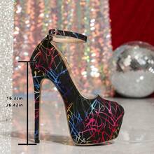 2.5" Vintage Style Colorful Graffiti Lace-Up High Heels - Black - View 4