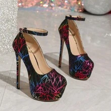 2.5" Vintage Style Colorful Graffiti Lace-Up High Heels - Black - View 5