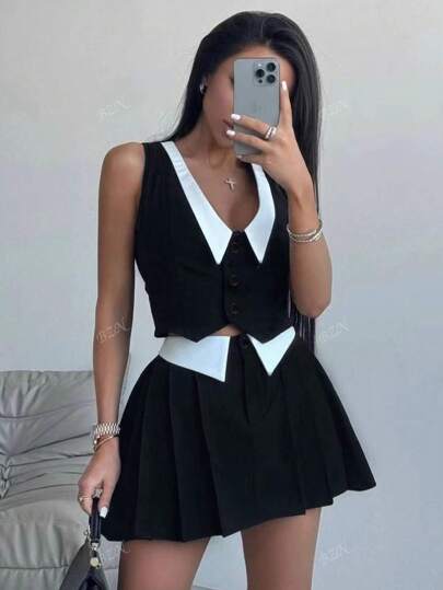 Women's European And American Style Summer Peter Pan Collar Sleeveless Top & High Waist Skirt Hot Girls 2 Pieces Set Ourdoor Athletic Tennis Mini Dress V Neck Sexy Golf School Preppy Outfit