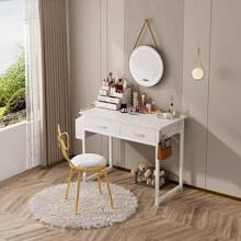 DLisiting Small White Desk With Fabric Drawers, 32" Long. It Doubles As A Dressing Table In The Bedroom, With Storage Drawers And Pockets, And Can Also Be Used As A Small Writing Desk In The Study, Perfect For Small Spaces. - trắng - Xem 1