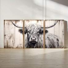 3 件套高地牛帆布墙面艺术印刷品，可选画框农舍风格动物海报，装饰艺术乡村客厅卧室办公室装饰，室内帆布海报，动物主题水墨艺术品，理想的礼物，带画框的墙面艺术 - 彩色 - 查看 3