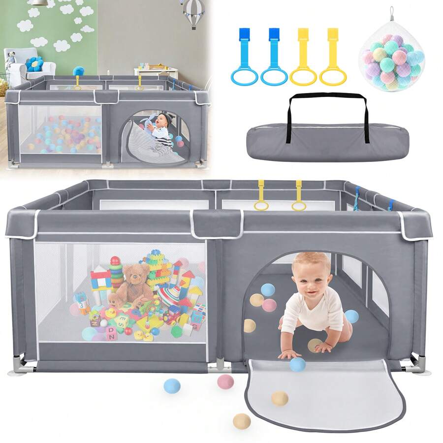 LILIIN Playpen Baby Playpen Gate With Non-Slip Base And Breathable Net And 50 Balls, Stable Barrier Activity Center For Children - 180 X 150 cm Dark Grey - View 1