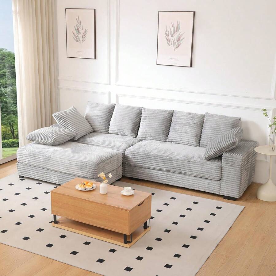 LUCKHAO 108.6" Corduroy Modular Sectional Sofa With Ottoman & Storage, Modern Deep-Seat L-Shaped Sectional With 8 Pillows, Cloud-Like Couch For Living Room, Apartment, Or Office - 灰色 - 查看 1