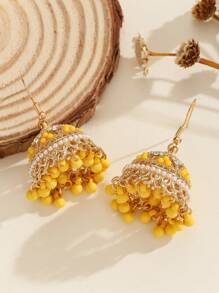 1 Pair Casual Beaded Style Hollow Drop Earrings, Decorated With Tassel & Bells, Suitable For Women's Daily Wear, Festivals, Weddings And Parties/Jewelry Gifts