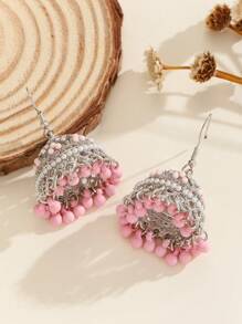 1 Pair Casual Beaded Style Hollow Drop Earrings, Decorated With Tassel & Bells, Suitable For Women's Daily Wear, Festivals, Weddings And Parties/Jewelry Gifts