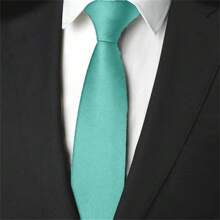 Slim Plain Twill Social Tie With Fine Lines - Mint Blue - View 1