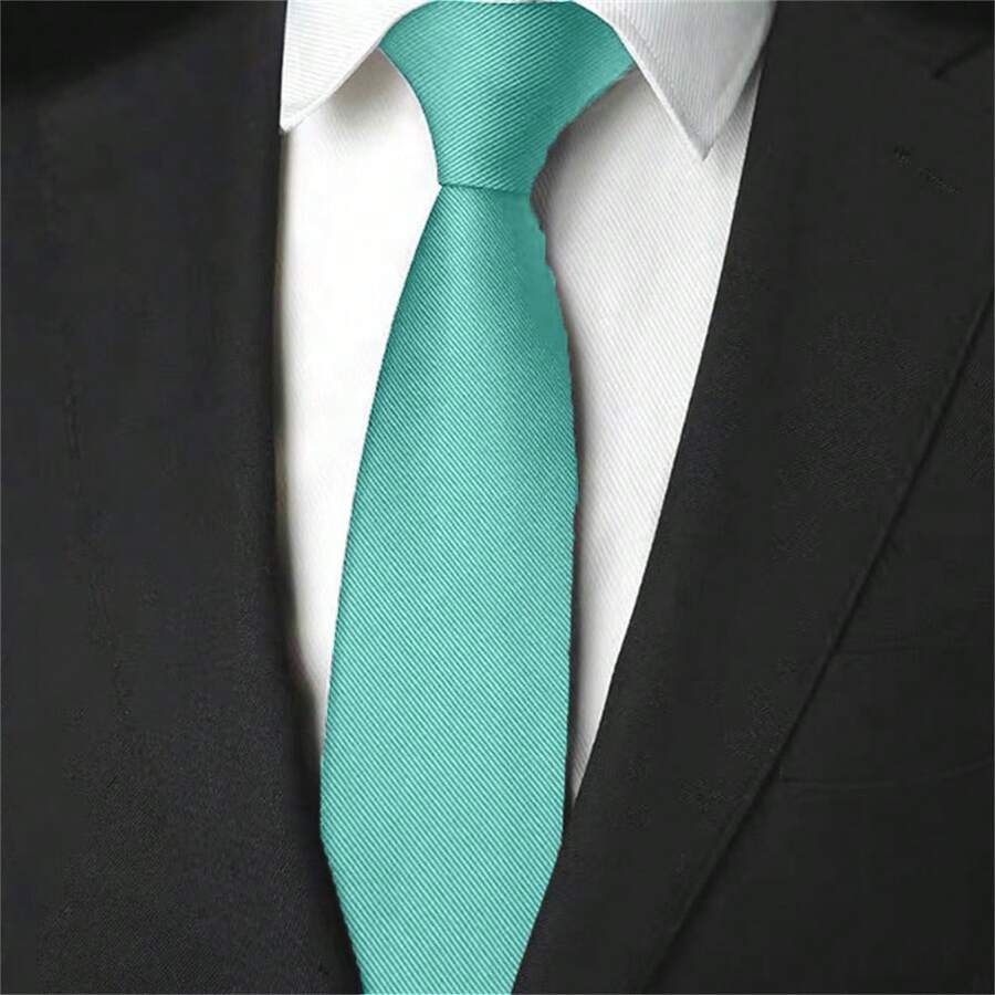 Slim Plain Twill Social Tie With Fine Lines - Mint Blue - View 1