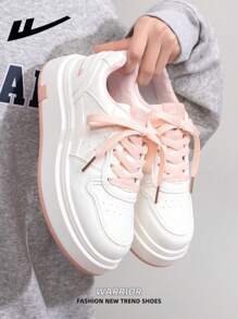 1 Pair WARRIOR Women's Casual Lace-Up Skate Shoes, Platform Thick Bottom Low Top Outdoor Flat Skateboard Shoes, Autumn Casual Shoes, Retro Modern Design, Comfortable Classic Chunky Sneakers Suitable For Students - Baby Pink - View 8