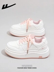 1 Pair WARRIOR Women's Casual Lace-Up Skate Shoes, Platform Thick Bottom Low Top Outdoor Flat Skateboard Shoes, Autumn Casual Shoes, Retro Modern Design, Comfortable Classic Chunky Sneakers Suitable For Students - Baby Pink - View 5