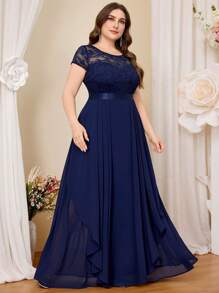 Vestido formal de fiesta de talla grande con encaje floral, contraste de gasa y volantes en el dobladillo - Azul Marino - Ver 8