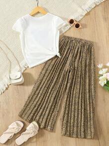 2pcs/Set Tween Girl Heart Pattern Short Sleeve Top & Wide Leg Pants Set - White - View 3