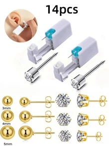 14pcs/Set Sterile Ear Piercing Kit, (2pcs Ear Piercer + 6pcs White Zirconia Gold Earrings + 6pcs Gold Bead Earrings), Disposable Low-Pain Ear Cartilage Piercing Gun With Built-In Ear Studs, Ear Beauty Tools & Accessories For Both Men And Women