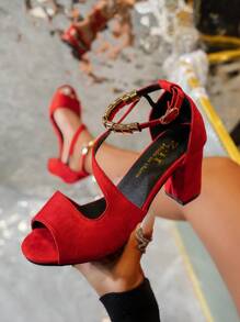 Women's Peep Toe Chunky Heeled Sandals, Fashionable And Versatile High-Heeled Sandals