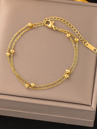 1pc Fashion High Protection Color Stainless Steel Double Layer Gold Ball Beads Bracelet, Suitable For Women's Daily Matching, Party Wear, Waterproof Jewelry Accessory, Valentine's Day Gift. (Does Not Include Gift Box),Mom,Mother,Mother's Day,Gift