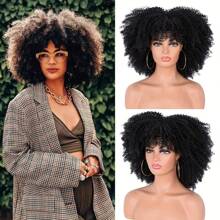 250% Density Afro Curly Wigs For Women 16 Inch Kinky Curly Hair Wig With Bangs Net Cap 250% Density Full And Thick Suitable For All  Glueless Afro Curly Wig With Bangs Holiday Christmas New Year Valentine's Day - Black - View 1