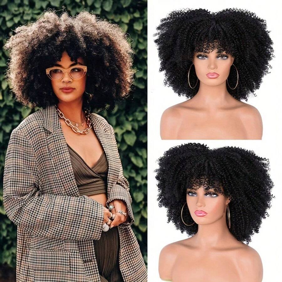 250% Density Afro Curly Wigs For Women 16 Inch Kinky Curly Hair Wig With Bangs Net Cap 250% Density Full And Thick Suitable For All Glueless Afro Curly Wig With Bangs Holiday Christmas New Year Valentine's Day - Black - View 1