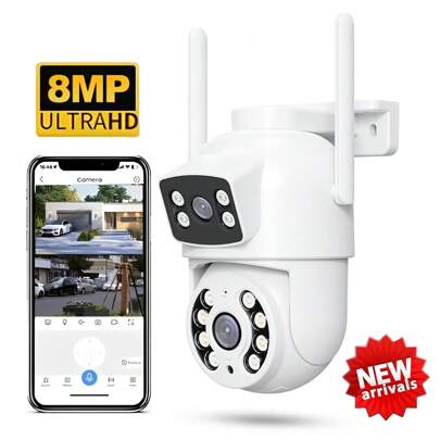 XIAOVV 8MP HD Outdoor 2.4G WiFi Surveillance Camera Dual Lens Dual Screen Automatic Tracking Home Monitoring Camera con Visione notturna a colori, avvisi di movimento e audio, riflettore integrato, Pan a 355°, rilevamento del movimento PIR, audio bidirezionale V380 PRO