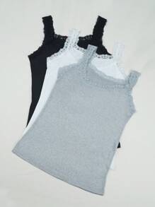 6 件套女士纯色蕾丝边装饰圆领无袖吊带背心拼布背心