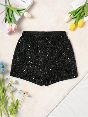 Tween Girls' Minimalist Sequin Decorated Casual Shorts, For Everyday Wear