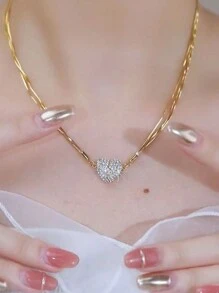 1pc Super Sparkling Rhinestone Magnet Heart Necklace, Simple Fashionable All-match Collarbone Chain - Gold - View 4