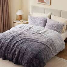 毛茸茸的毛皮被子套装，现代休闲超柔软四季蓬松床上用品，带配套枕套，3 件套 - 淺灰色 - 查看 7