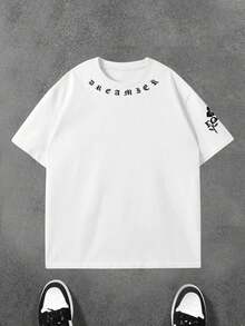 Camiseta de manga corta casual con cuello redondo para hombre, con estampado de letra y floral - Multicolor - Ver 5