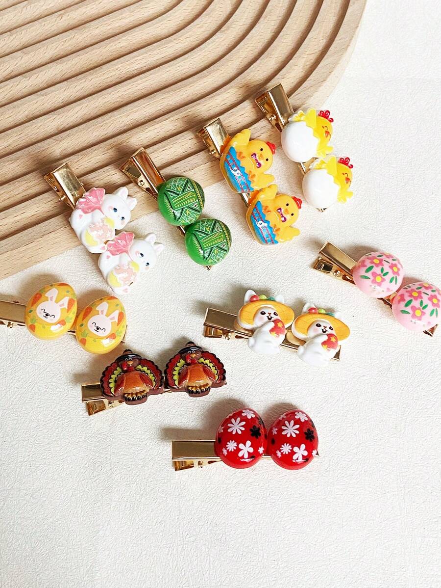 2 件/套女士复活节树脂小鸡、兔子、火鸡、鸡蛋发夹 - 彩色 - 查看 1