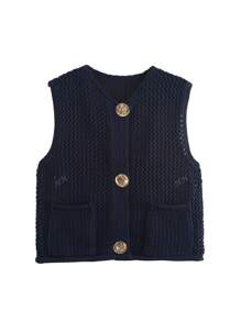 Women Fashion Sleeveless Coarse Needle Knitting Vest Sweater Female Chic Big Pockets Patch Buttons Cardigan Waistcoat Tops