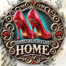 1pc Shiny Red High Heel Metal Iron Wall Art Sign, 7.8 Inches "There's No Place Like Home" Quote, Metal Wall Plaque For Home Decor, Farmhouse Wall Hanging, Women Gift, Room Door Garden Decor, Random Holes On Top, Bottom, Left And Right