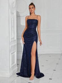 Elisanya Sequin Spaghetti Strap Crisscross Waistband Front Slit Backless Tie-Up Party Dress For Women, Elegant Formal Evening Prom Gown, For Wedding Guest,Dinner Formal Dresses,Graduation Dress