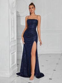 Abito da festa con spalline a spaghetti, vita con incrocio, spacco frontale, schiena scoperta e laccio, elegante abito da sera formale per donna, adatto per matrimoni, laurea, cene