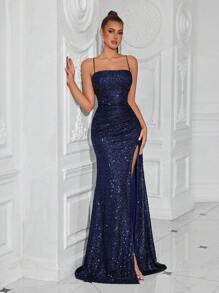 Abito da festa con spalline a spaghetti, vita con incrocio, spacco frontale, schiena scoperta e laccio, elegante abito da sera formale per donna, adatto per matrimoni, laurea, cene