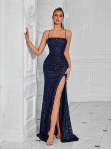 Abito da festa con spalline a spaghetti, vita con incrocio, spacco frontale, schiena scoperta e laccio, elegante abito da sera formale per donna, adatto per matrimoni, laurea, cene