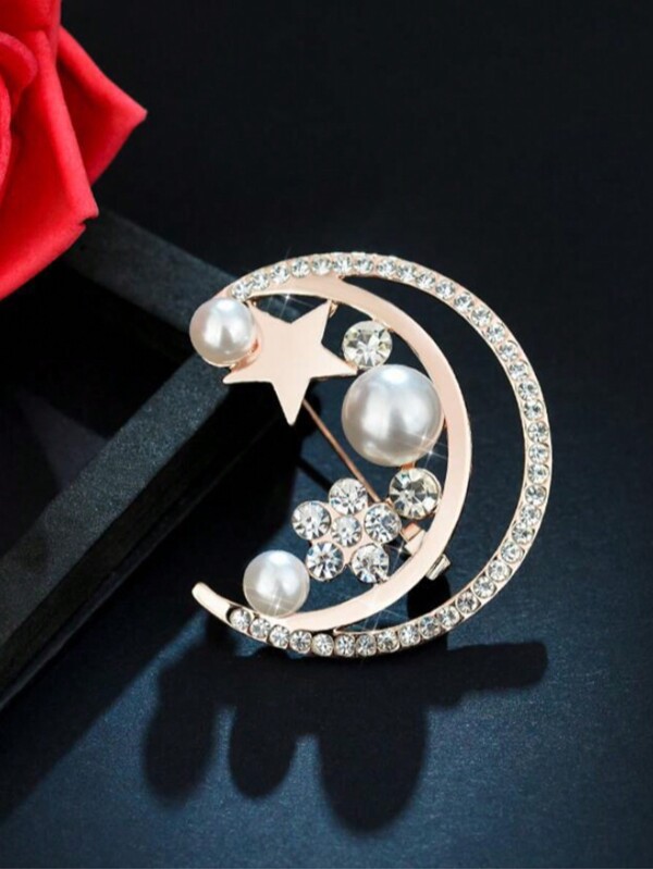 1 pieza Elegante y de moda Broche dorado con estrellas y luna de strass y perlas falsas, accesorio decorativo de pin para abrigo de mujer, joyería de festival